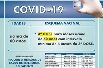 COVID 19 - 4ª DOSE PARA IDOSOS ACIMA DE 60 ANOS COM INTERVALO MÍNIMO DE 4 MESES DA 3ª DOSE ESTA SENDO APLICADA NOS PSF´S DE REFERÊNCIA.