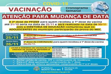 VACINAÇÃO CONTRA COVID 19 - CRONOGRAMA SEMANAL - ATENÇÃO PARA MUDANÇA DE DATA
