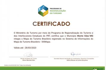 MONTE SIÃO RECEBE CERTIFICADO EM QUE A CIDADE ESTA DEVIDAMENTE CADASTRADA NO MAPA DO TURISMO BRASILEIRO