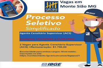 Processo Seletivo Simplificado IBGE (Agente Censitário Supervisor) - Vagas em Monte Sião/MG