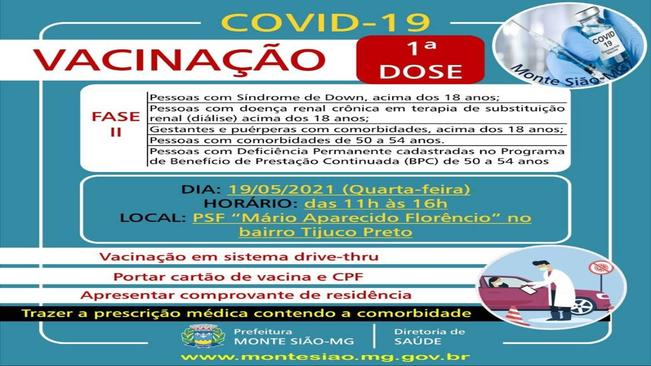 VACINAÇÃO CONTRA COVID 19 - 1ª DOSE - COMORBIDADES PRIORITÁRIAS - FASE II