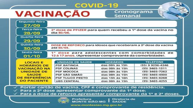 VACINAÇÃO CONTRA COVID 19 - CRONOGRAMA SEMANAL