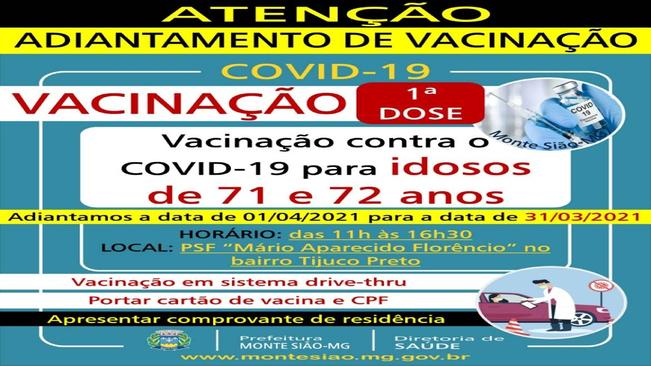 VACINAÇÃO CONTRA COVID 19 - 1ª DOSE - IDOSOS DE 71 e 72 ANOS