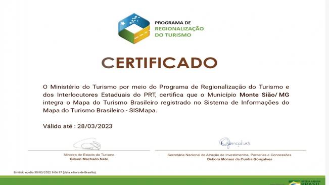 MONTE SIÃO RECEBE CERTIFICADO EM QUE A CIDADE ESTA DEVIDAMENTE CADASTRADA NO MAPA DO TURISMO BRASILEIRO