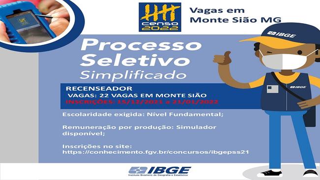 Processo Seletivo Simplificado IBGE (RECENSEADOR) - Vagas em Monte Sião/MG